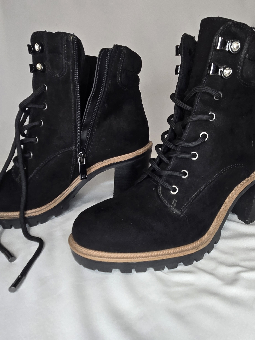 Jennifer Lopez Black Suede Lace-Up Ankle Boots with Lug Sole